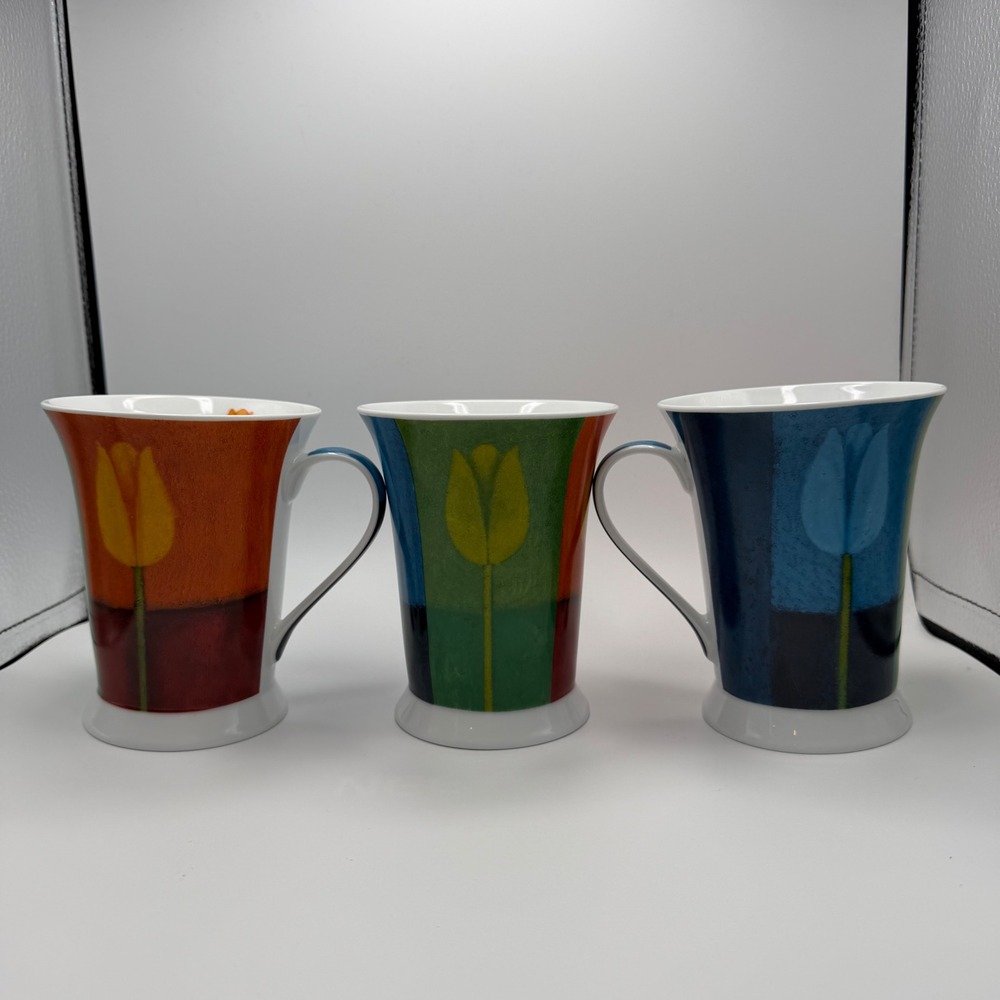 Pimpernel Fine Porcelain Tulip Mug Set of 3 Color Block Floral Tea Coffee Cups